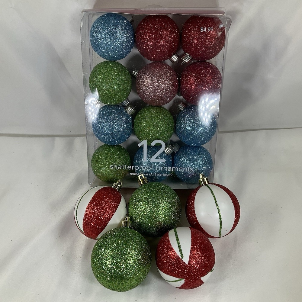 Sparkling Lot of 17 Glitter Shatter Proof Ornaments, Red, Green Blue And Multi